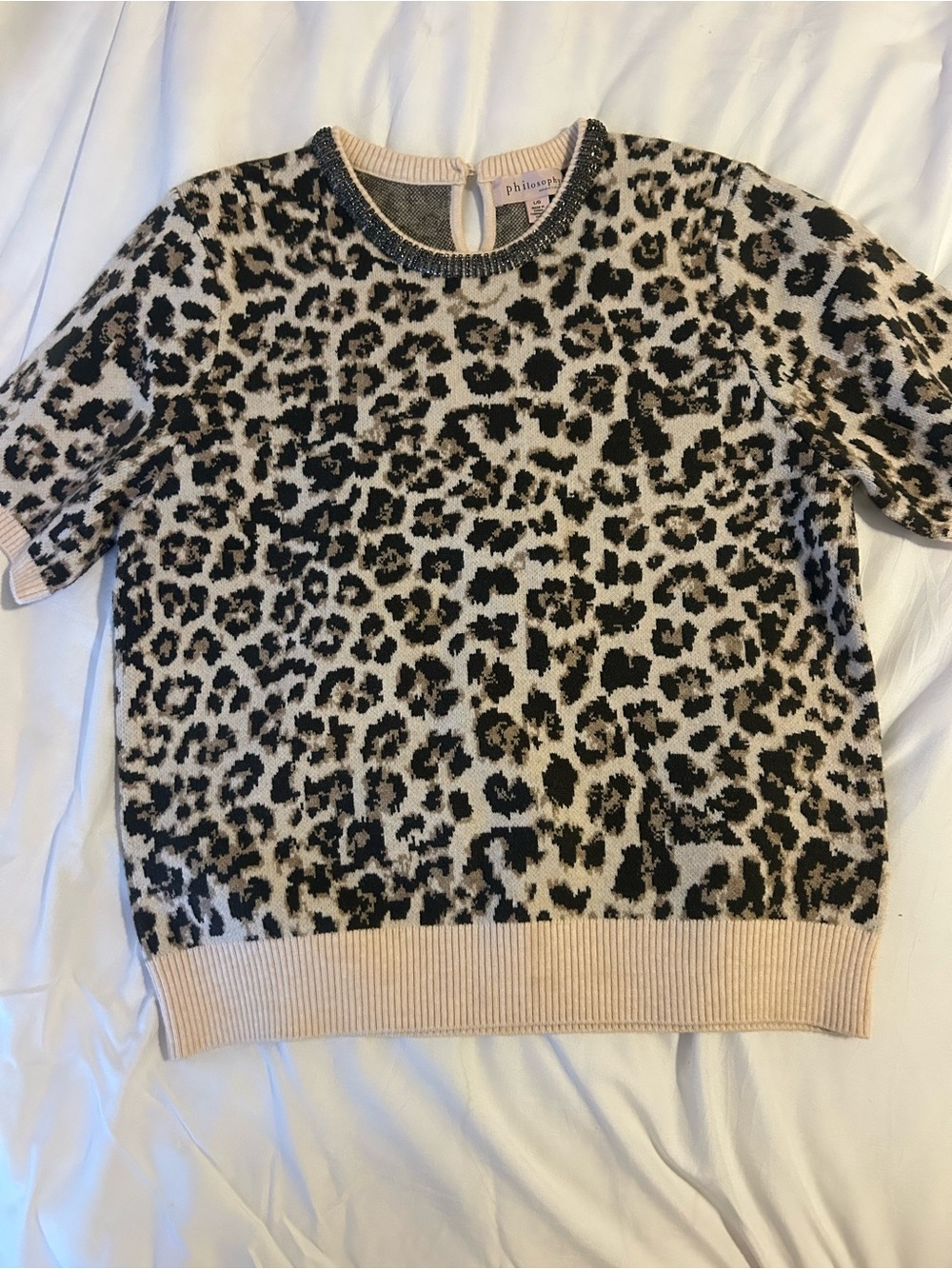 Philosophy Beige and Black Leopard Short Sleeve Crew Sweater